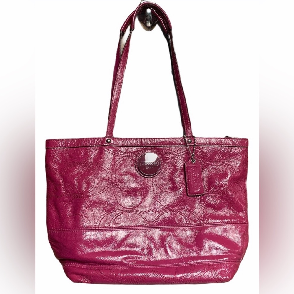 Coach  Signature Stripe Stitched Patent Leather Tote/Handbag